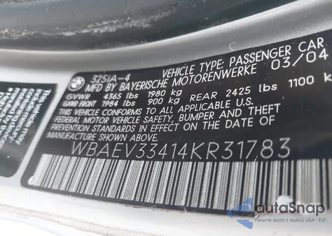 2004 BMW 325I из США, поврежденный, VIN WBAEV33414KR31783